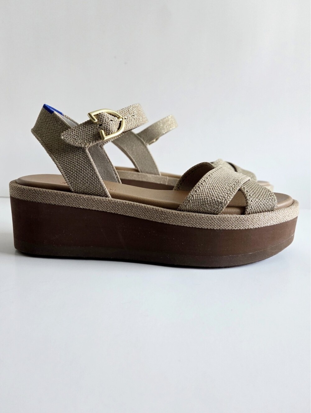Rothy's Criss-Cross Metallic Gold/ Tan & Camel Platform Sandals, Size 6 - Picture 16 of 16